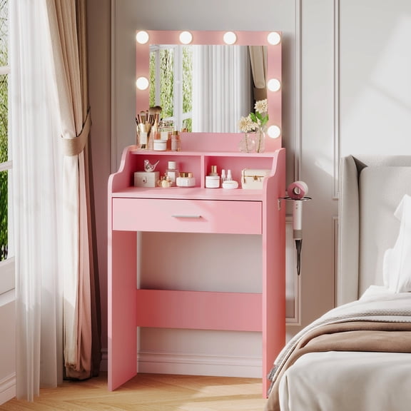GALAXHERO Small Vanity Desk with Mirror, Makeup Tables with Drawer and Storage Shelves, Girls Dressing Table for Bedroom, Pink