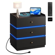GALAXHERO Smart LED Nightstand with Charging Station, Bedside Table with Sensor, Wireless Charging, 3 Drawers,Black
