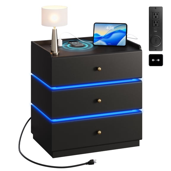 GALAXHERO Smart LED Nightstand with Charging Station, Bedside Table with Sensor, Wireless Charging, 3 Drawers,Black