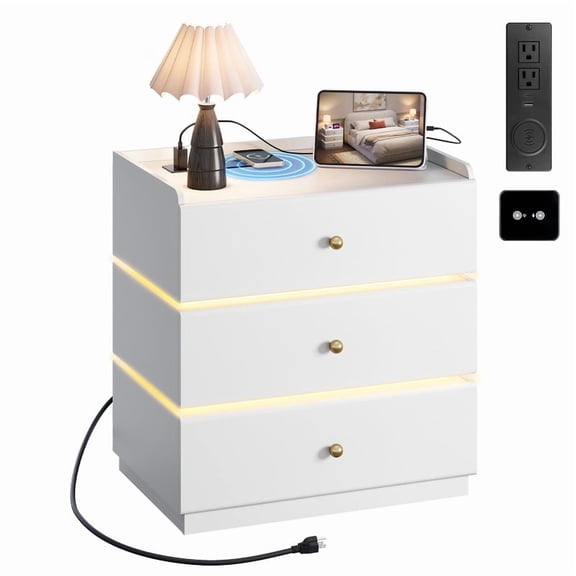 GALAXHERO White Nightstand with Charging Station, Smart LED 3-Drawer Tall Bedside Table with Sensor, End Table with Wireless Charging for Bedroom Living Room Dorm