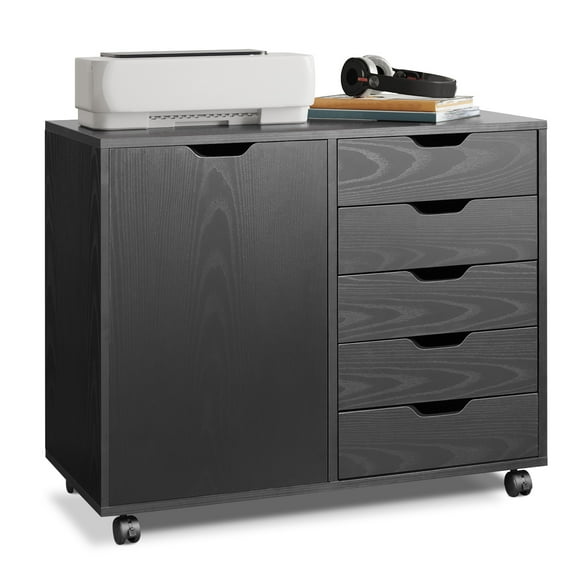 GALAXHERO 5 Drawer Wood File Cabinet, Mobile Printer Stand with Storage and Door for Home Office, Black