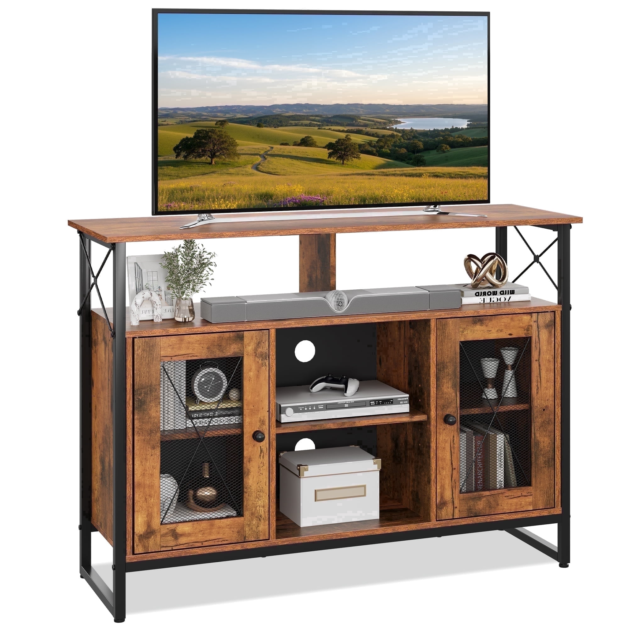 GALAXHERO TV Stand for 43 inch TV Small Entertainment Center with Storage Cabinet & Adjustable Shelves Farmhouse Industrial TV Table for Living Room and Bedroom, 32" TV Console, Rustic Brown