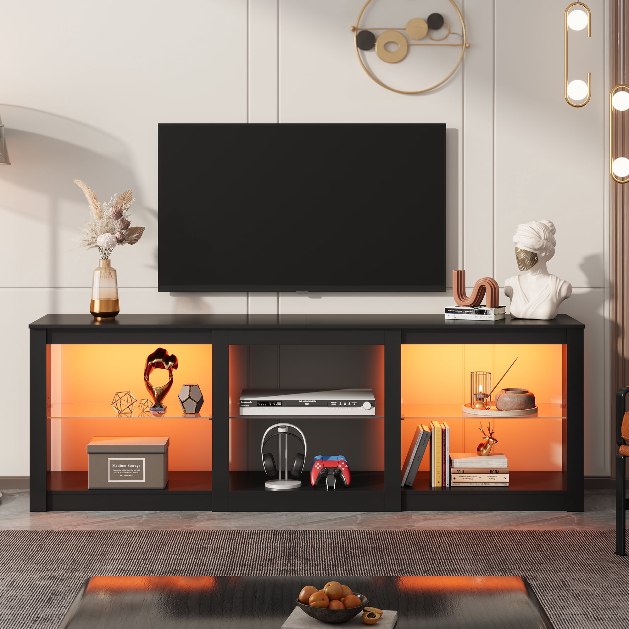 GALAXHERO TV Stand for 55/65/75 Inch TV, Modern Entertainment Center with LED Lights & Adjustable Glass Shelves Sturdy Media Console for Living Room, Bedroom, Gaming Black