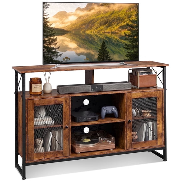 GALAXHERO Tall TV Stand for TVs up to 55", Farmhouse Industrial Entertainment Center with Storage, Media Console for Living Room Bedroom Rustic Brown