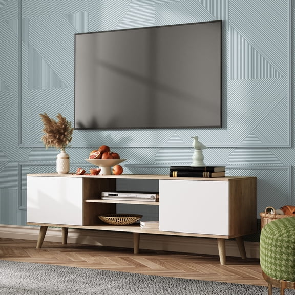 GALAXHERO TV Stand for 55-60 inch TV, Rustic Entertainment Center with Storage Cabinets, Console for Living Room, White