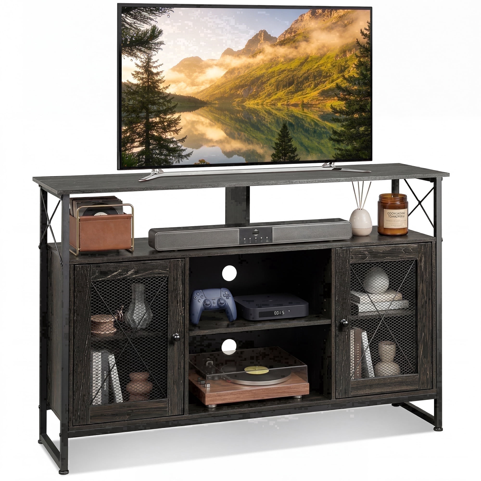 GALAXHERO Tall TV Stand for TVs up to 55", Farmhouse Industrial Entertainment Center with Storage, Media Console for Living Room Bedroom Charcoal Black
