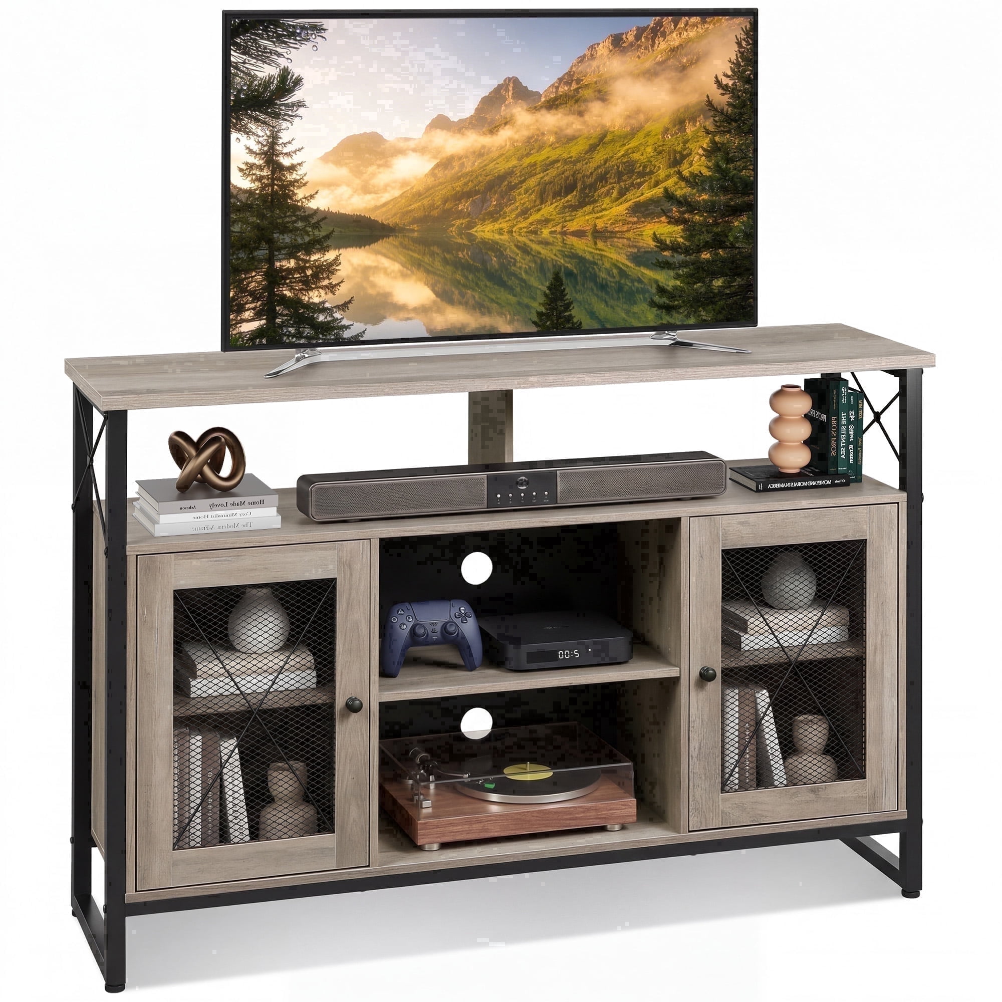 GALAXHERO Tall TV Stand for TVs up to 55", Farmhouse Industrial Entertainment Center with Storage, Media Console for Living Room Bedroom Greige