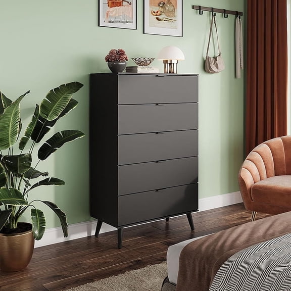 GALAXHERO Tall 5 Drawer Dresser, Wood Storage Organizer for Bedroom, Closet, Living Room, Black