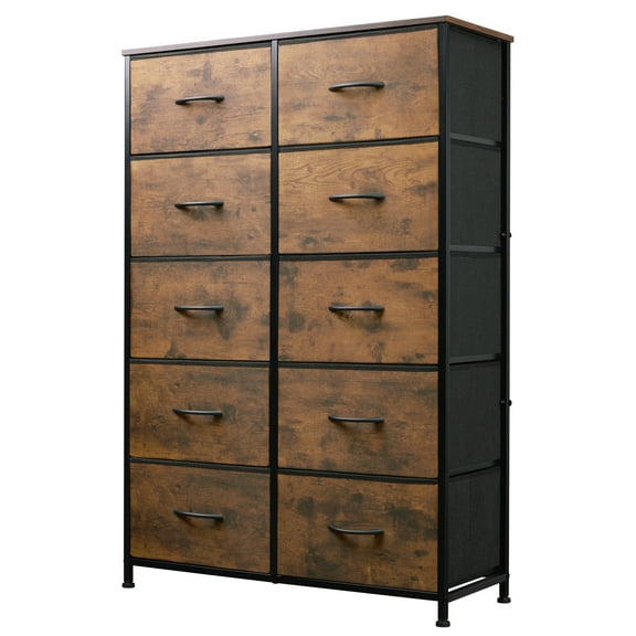 GALAXHERO Tall Dresser 10 Fabric Drawers, Storage Tower with Cabinet, Metal Frame, Organizer Units for Closet, Rustic Brown Wood Grain Print
