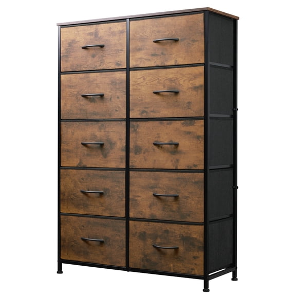 GALAXHERO Tall Dresser 10 Fabric Drawers, Storage Tower with Cabinet, Metal Frame, Organizer Units for Closet, Rustic Brown Wood Grain Print