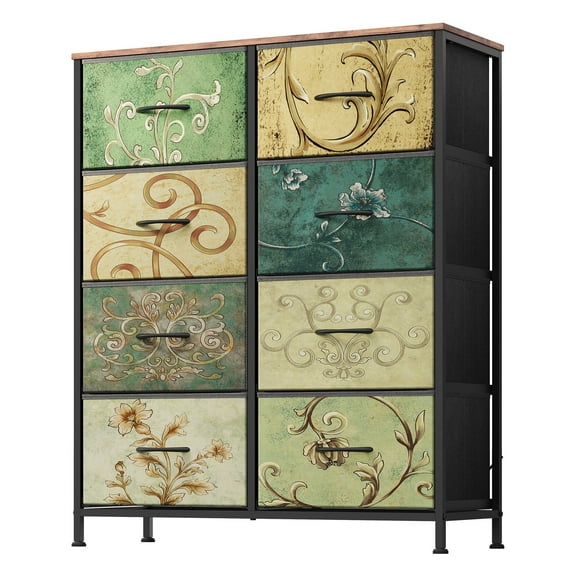 GALAXHERO 8 Drawer Fabric Dresser for Bedroom, Storage Bins Chest of Drawer for Closet, Living Room, Hallway, Floral Painted