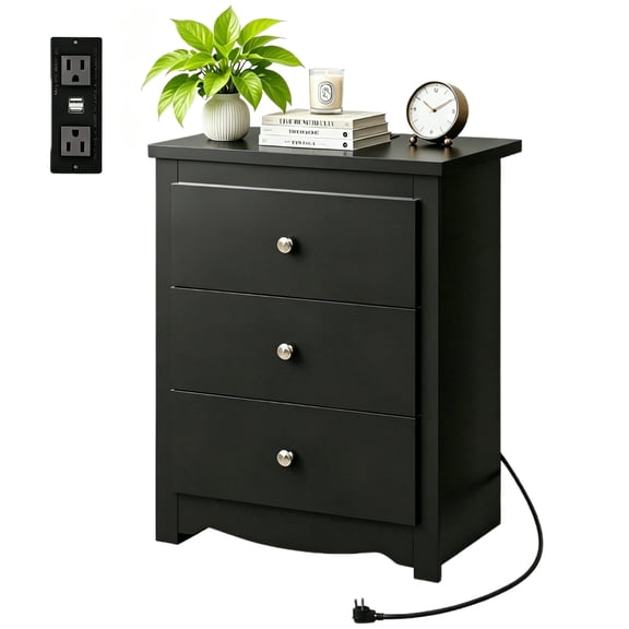 GALAXHERO Tall Nightstand with Charging Station,Black Nightstand with 3 Drawers, Wood Bedside Table for Bedroom, End Side Table for Living Room and Dorm