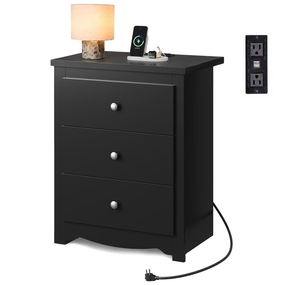 GALAXHERO Black Nightstand with Charging Station, 3-Drawer Tall Wood Bedside Table & End Table for Bedroom Living Room Dorm
