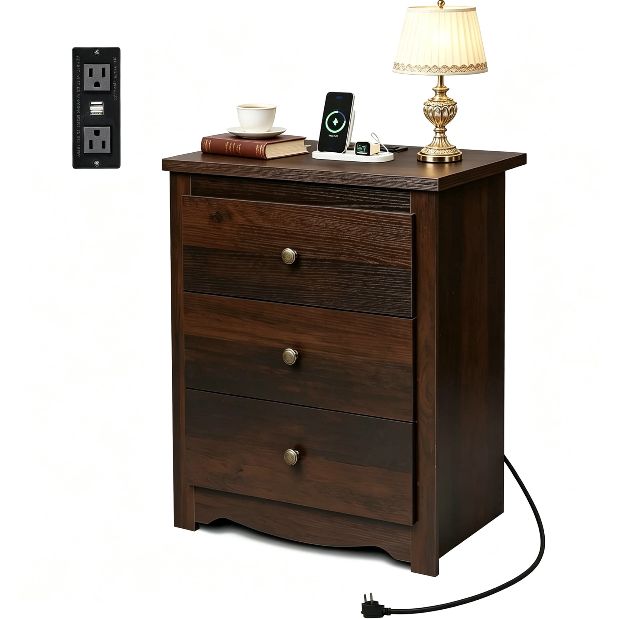 GALAXHERO Tall Espresso Nightstand with Charging Station and 3 Drawers, Wood Bedside End Table with 2 USB Ports & 2 AC Outlets for Bedroom Living Room Dorm