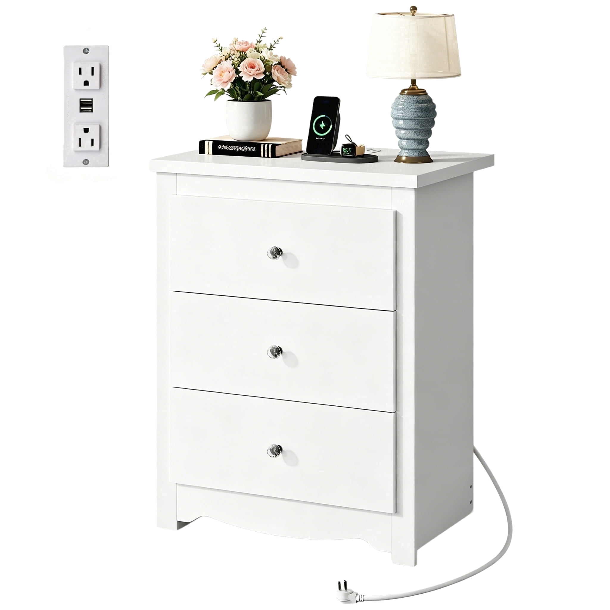 GALAXHERO Tall White Nightstand with Charging Station and 3 Drawers, Wood Bedside End Table with 2 USB Ports & 2 AC Outlets for Bedroom Living Room Dorm