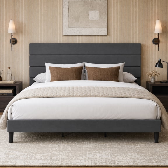 GALAXHERO Upholstered Bed Frame, King Size Bed Frame with Headboard, Platform Bed with Wood Slats, 1500LBS Mattress Foundation, No Box Spring Needed, Easy Assembly, Beige Grey