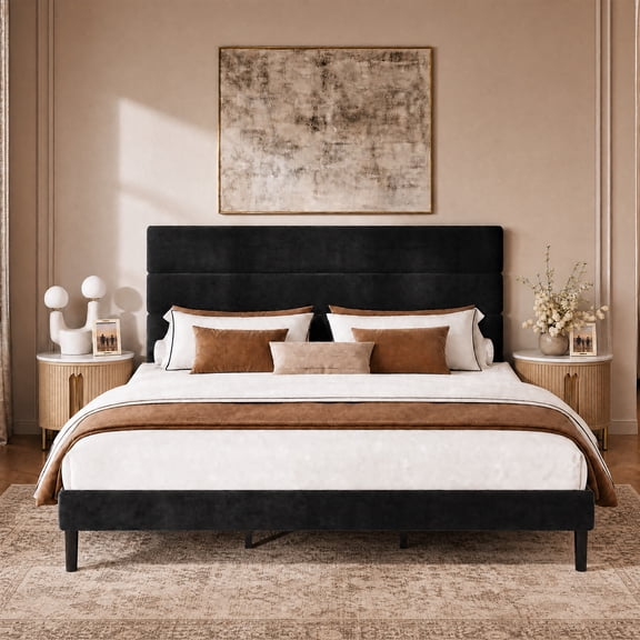 GALAXHERO Upholstered Bed Frame, King Size Bed Frame with Headboard, Platform Bed with Wood Slats, 1500LBS Mattress Foundation, No Box Spring Needed, Easy Assembly, Velvet Black