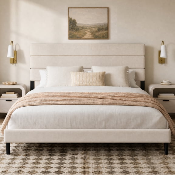 GALAXHERO Upholstered Bed Frame, King Size Bed Frame with Headboard, Platform Bed with Wood Slats, 1500LBS Mattress Foundation, No Box Spring Needed, Easy Assembly, Velvet Beige