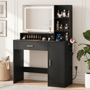 GALAXHERO Black Vanity Desk with Mirror and Lights, Makeup Tables with Drawer, Cabinet and Storage Shelves,Girls Dressing Table with Charging Station