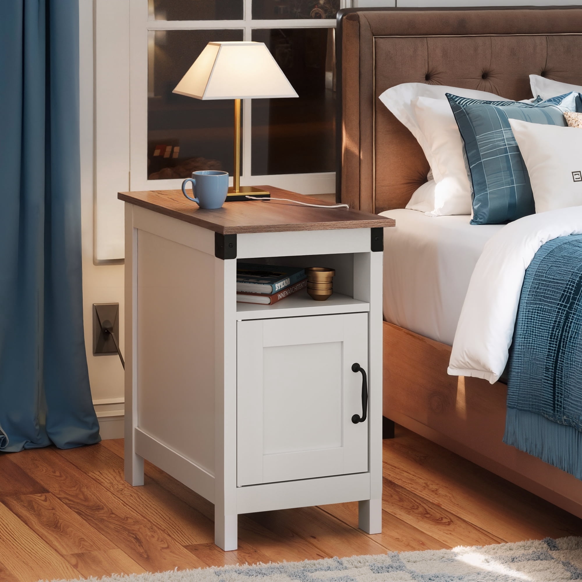 GALAXHERO End Table with Charging Station Narrow Side Table with Storage Night Stand with USB Ports and Outlets Small Wooden Cabinet for Living Room and Bedroom White