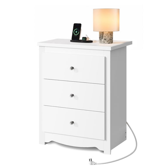 GALAXHERO White Nightstand with Charging Station, 3-Drawer Tall Wood ...