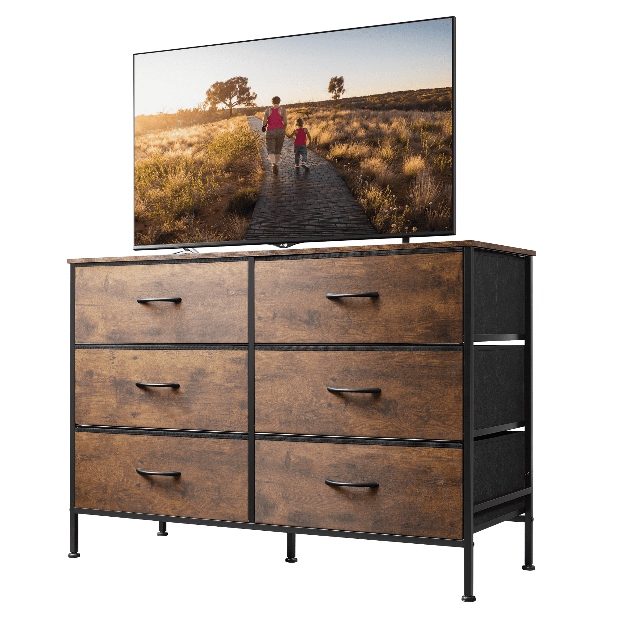 GALAXHERO 6-Drawer Fabric Dresser, 50-Inch TV Stand Wide Chest of Drawers for Bedroom, Closet, Living Room, Rustic Brown