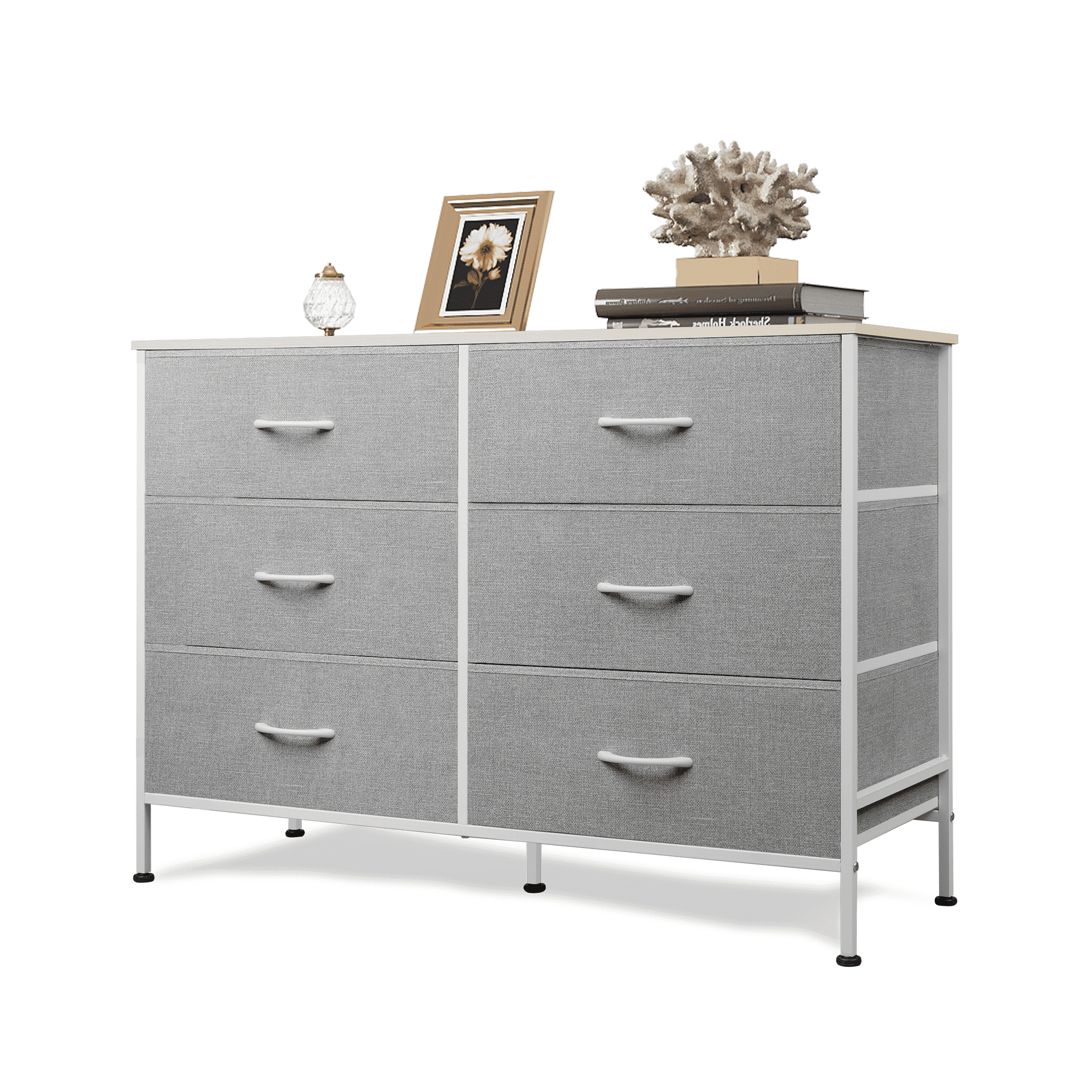 GALAXHERO 6-Drawer Fabric Dresser, 50-Inch TV Stand Wide Chest of Drawers for Bedroom, Closet, Living Room, Light Grey