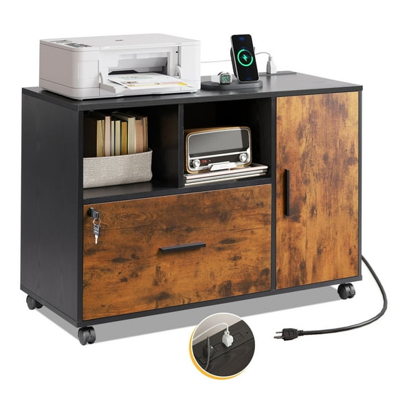 GALAXHERO Wood File Cabinet with Lock and Charge Station, Mobile Printer Stand with Storage Shelves for Home Office, Rustic Brown