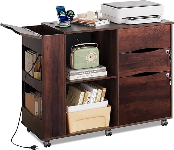 GALAXHERO Wood File Cabinet with 3 Drawers, Open Storage Shelves, Rolling Printer Stand with Charging Station for Home Office, Brown Oak