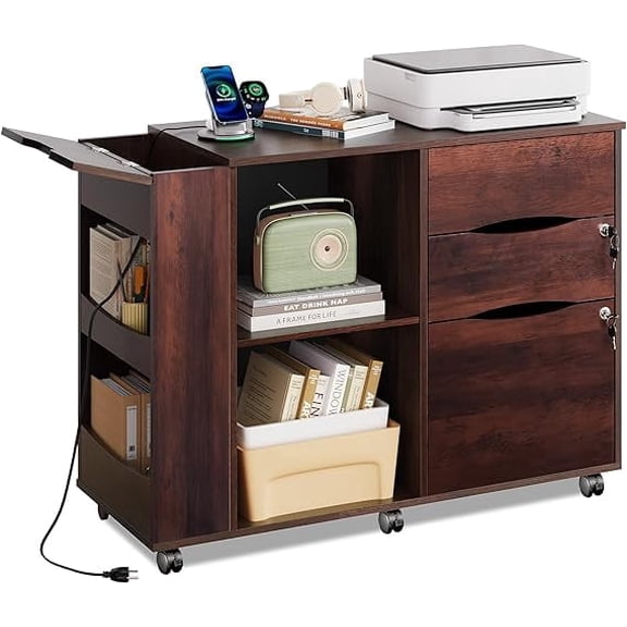 GALAXHERO Wood File Cabinet with 3 Drawers, Open Storage Shelves, Rolling Printer Stand with Charging Station for Home Office, Brown Oak