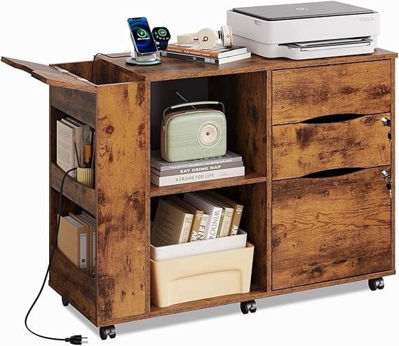 GALAXHERO Wood File Cabinet with 3 Drawers, Open Storage Shelves, Rolling Printer Stand with Charging Station for Home Office, Rustic Brown