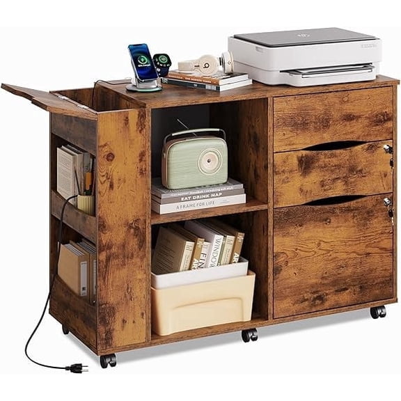 GALAXHERO Wood File Cabinet with 3 Drawers, Open Storage Shelves, Rolling Printer Stand with Charging Station for Home Office, Rustic Brown