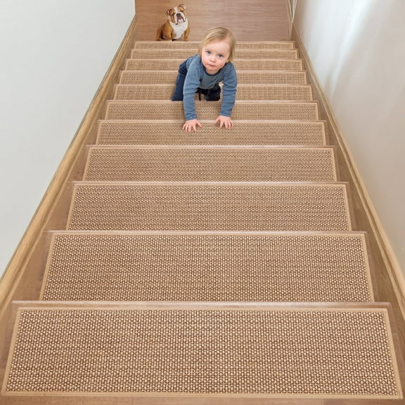 GALMAXS7 Non-Slip Stair Treads, Beige Woven Carpet Stair Runner with Reusable Adhesive for Indoor Wooden Steps,8"x30",15 Pack