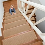 GALMAXS7 Non-Slip Stair Treads, Beige Woven Carpet Stair Runner with Reusable Adhesive for Indoor Steps, Set of 15