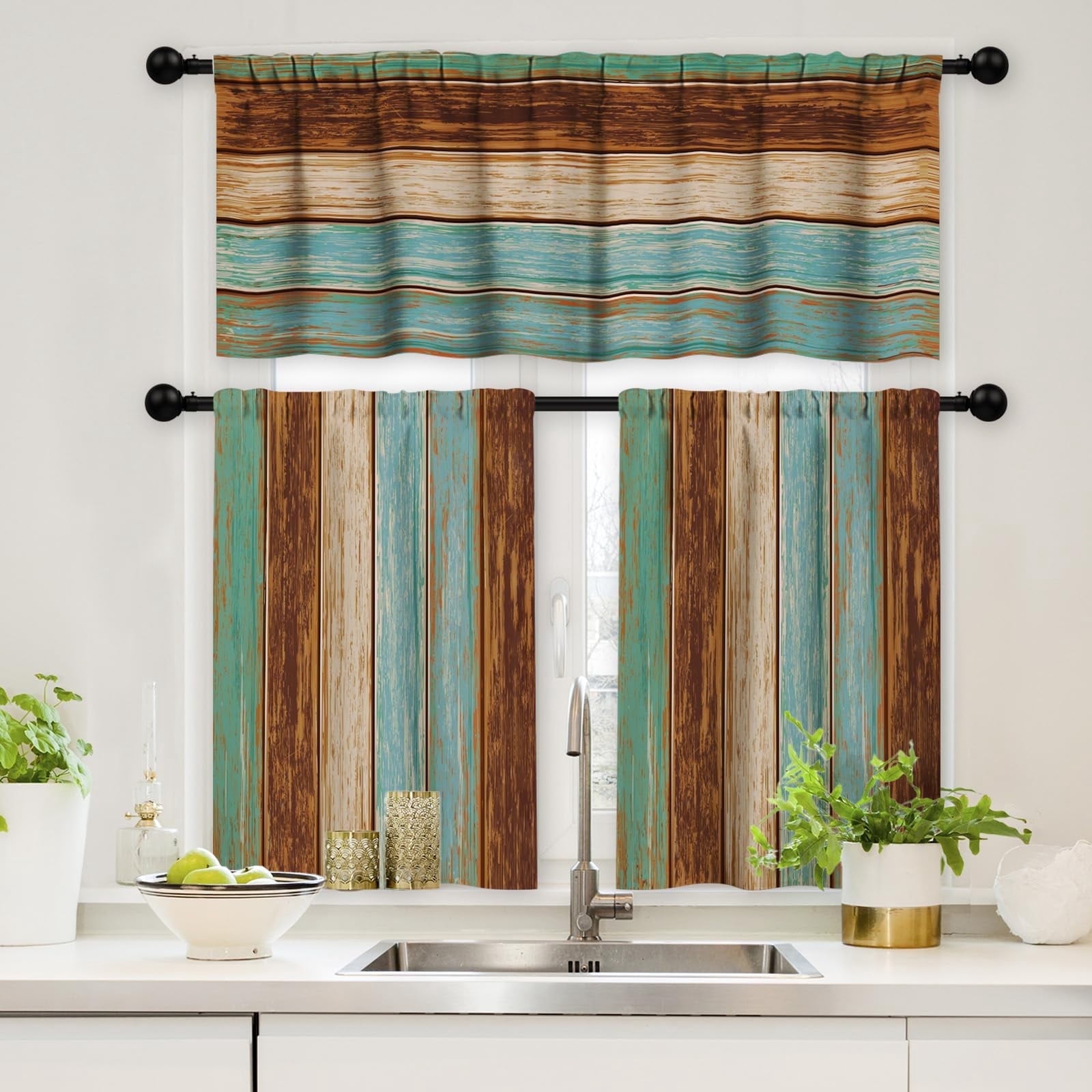 GALMAXS7 3 Piece Kitchen Curtain Set Farmhouse Vintage Valance Curtains for Kitchen Window Decor