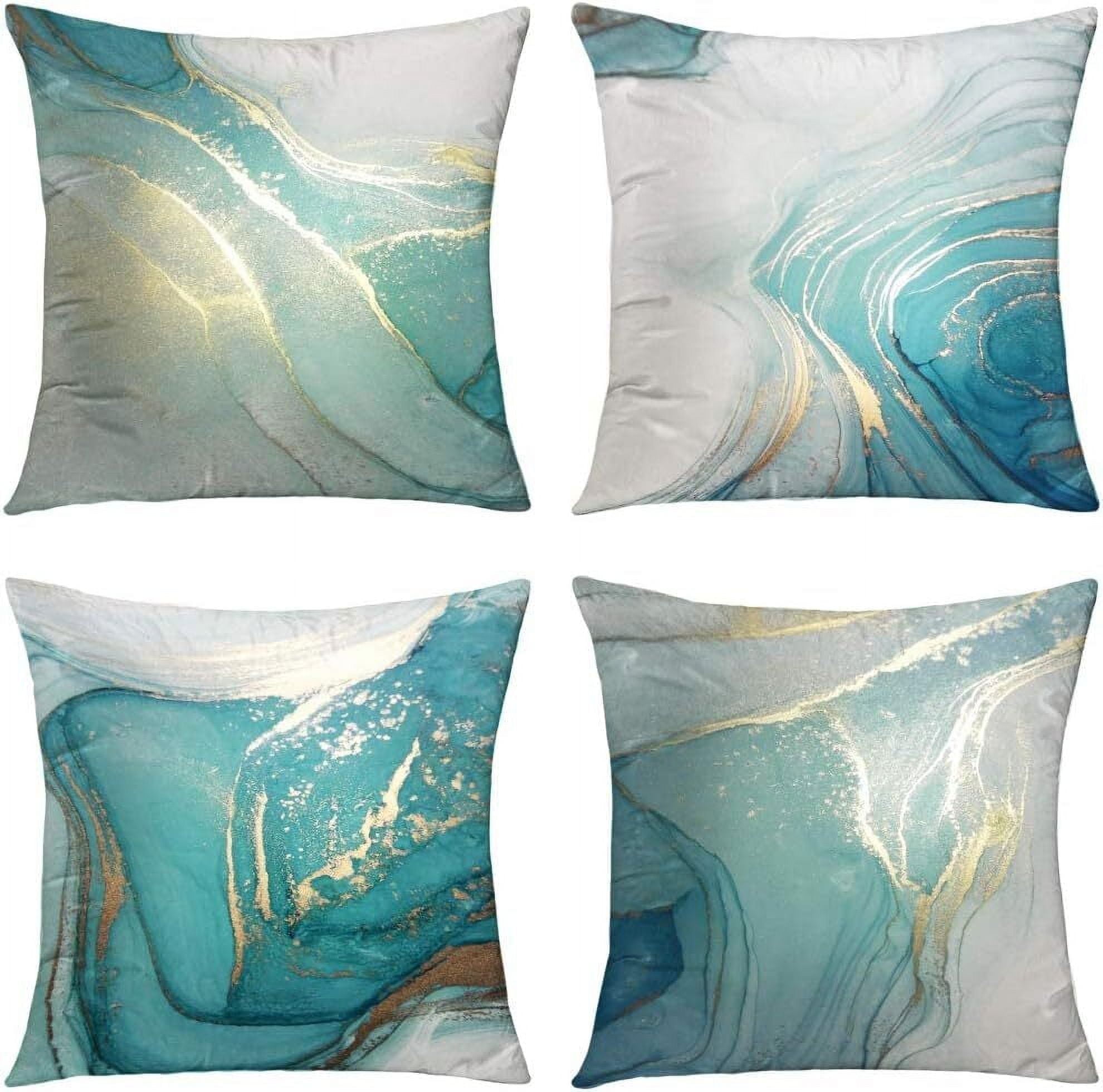 Turquoise and Gold Abstract Art Square Pillow Covers Set of 4