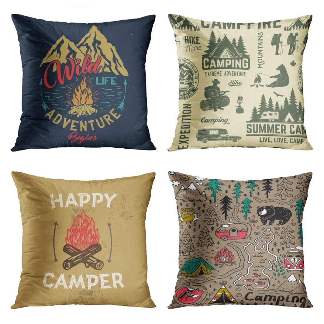 GALMAXS7 4 Throw Pillow Covers Camping Adventure Vintage Decorative ...