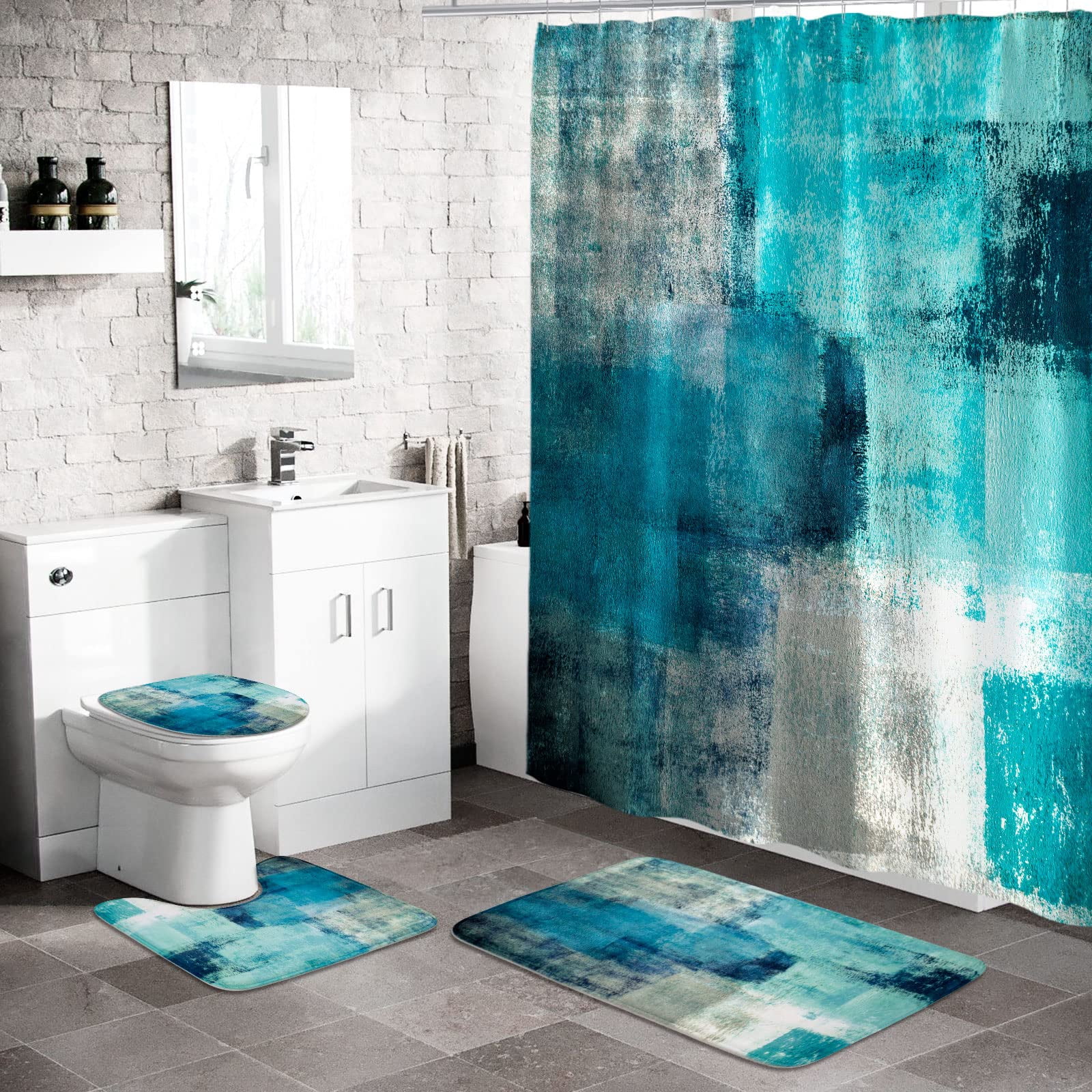 GALMAXS7 4PC Teal Blue Shower Curtain Sets Bathroom Decor with Rugs,Toilet Lid Cover,Bath Mat