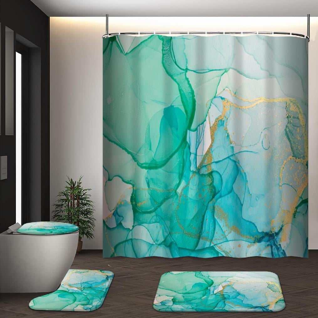 GALMAXS7 4Pcs Abstract Shower Curtain Sets with Rugs and Hooks Blue