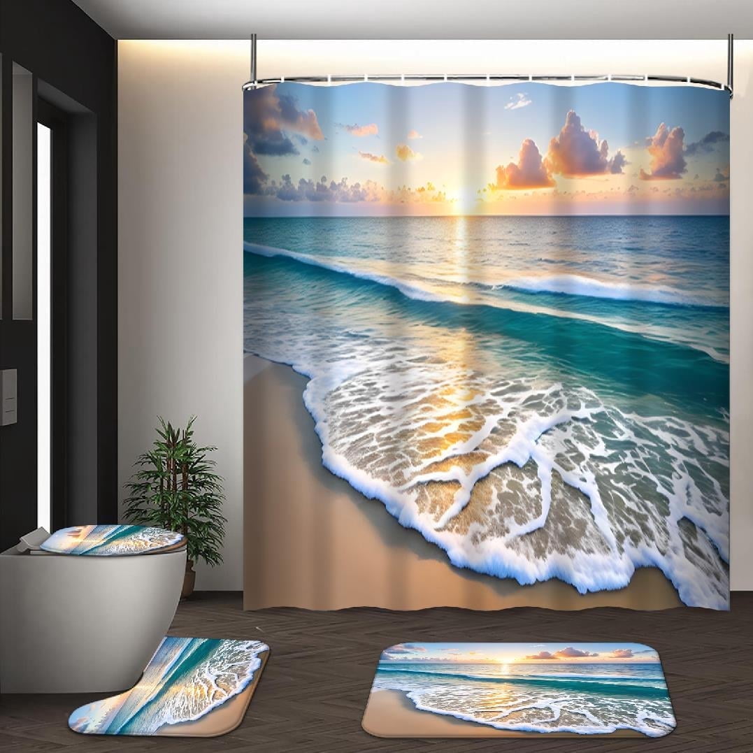 GALMAXS7 4Pcs Beach Wave Shower Curtain Sets with Rugs Sunrise Island