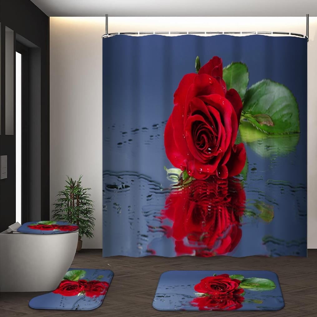 GALMAXS7 4Pcs Floral Shower Curtain Sets with Rugs and Hooks Red Rose ...