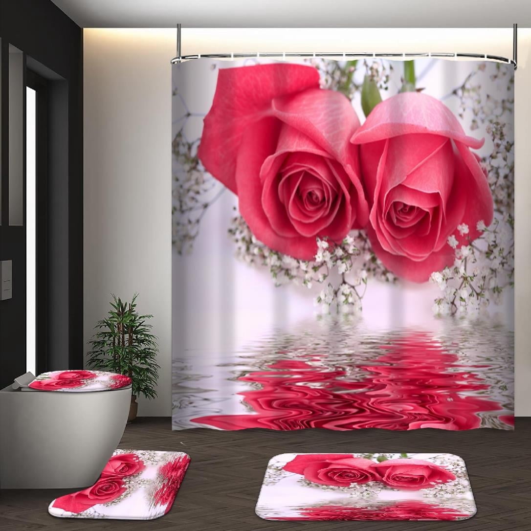 GALMAXS7 4Pcs Flower Shower Curtain Sets with Rugs and Hooks Red Rose