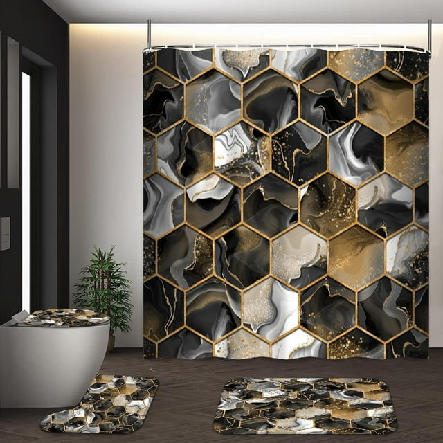 GALMAXS7 4Pcs Geometric Shower Curtain Sets with Rugs Gold Marble ...