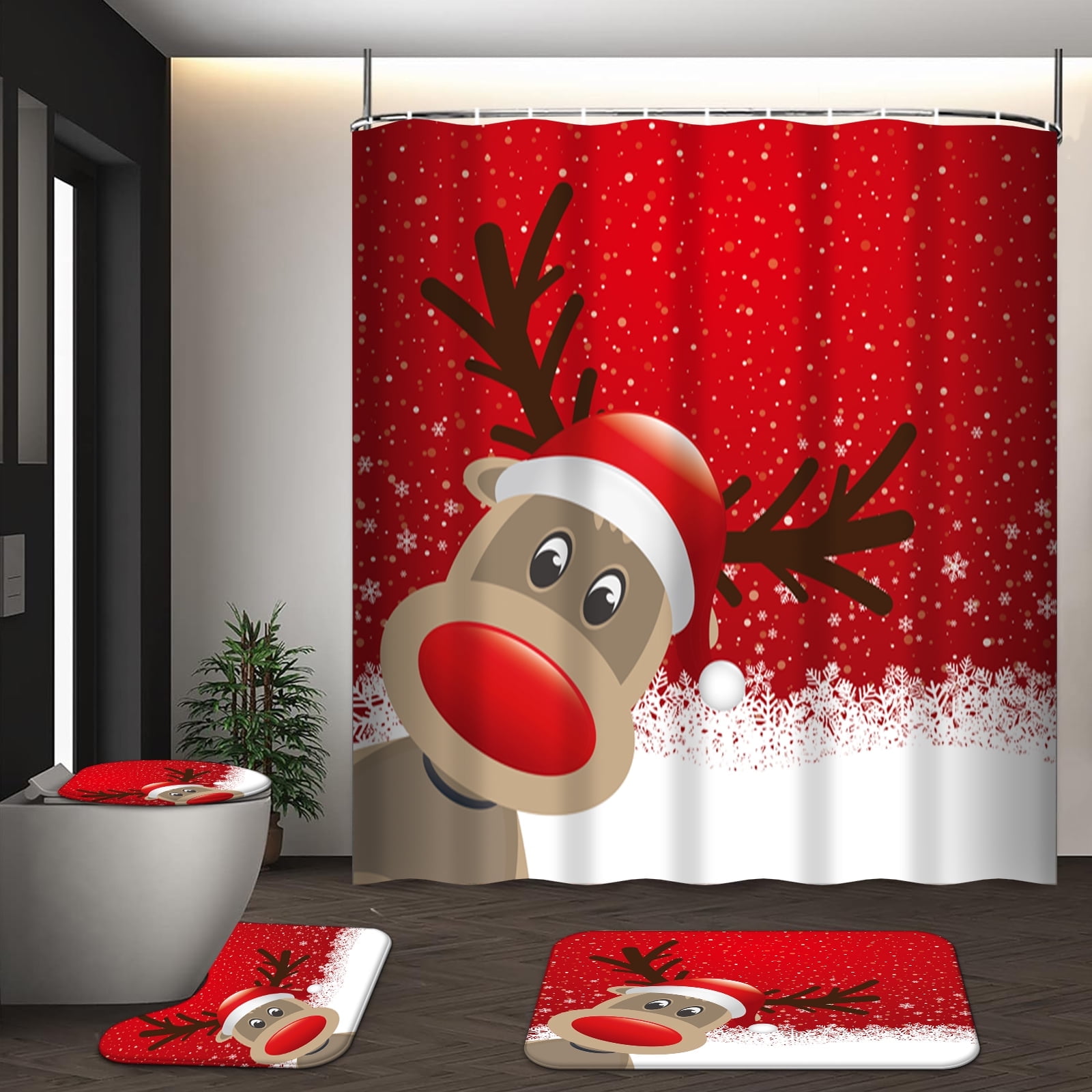 GALMAXS7 4Pcs Reindeer Shower Curtain Sets with Rugs Red Snowflake