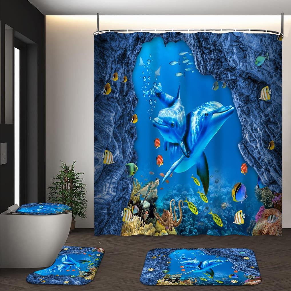 GALMAXS7 4Pcs Shower Curtain Sets with Rugs and Hooks Coral Reef ...