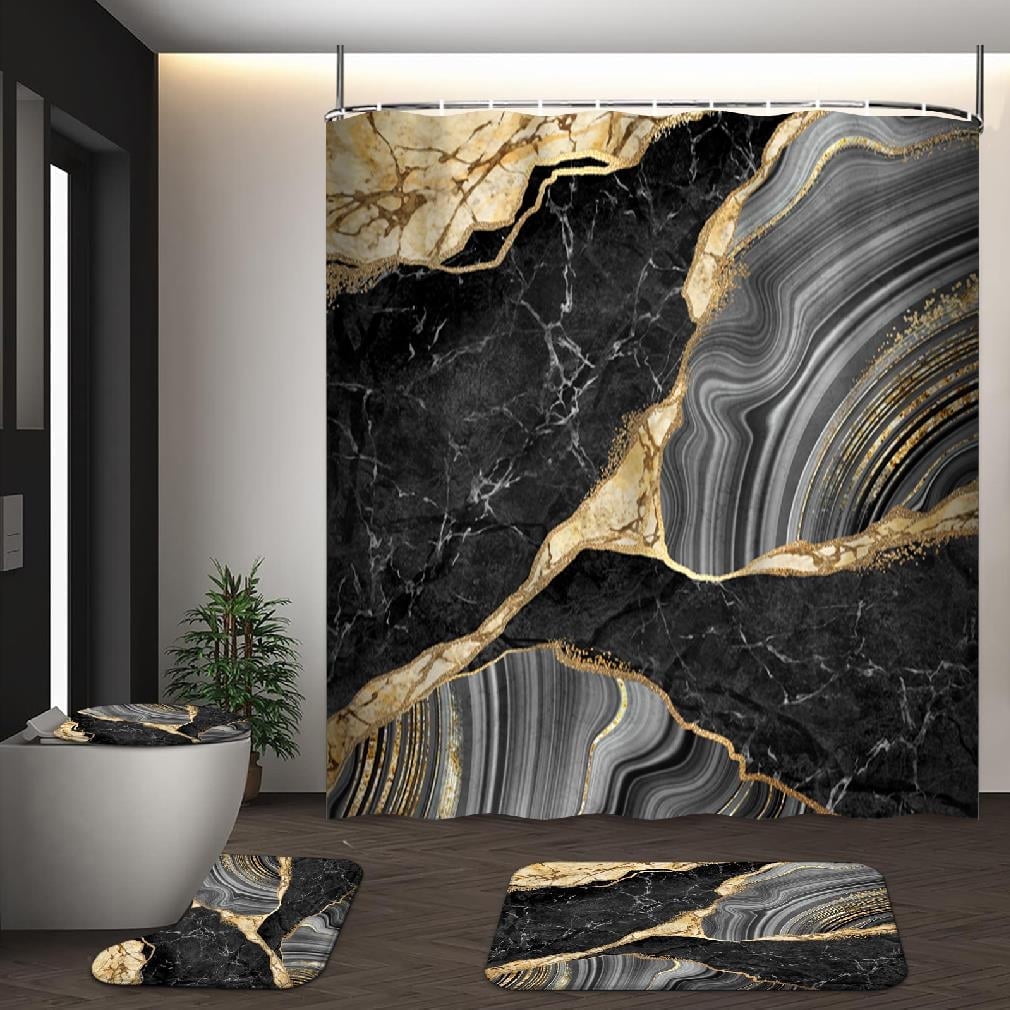 GALMAXS7 4Pcs Shower Curtain Sets with Rugs and Hooks Gold Black Marble ...