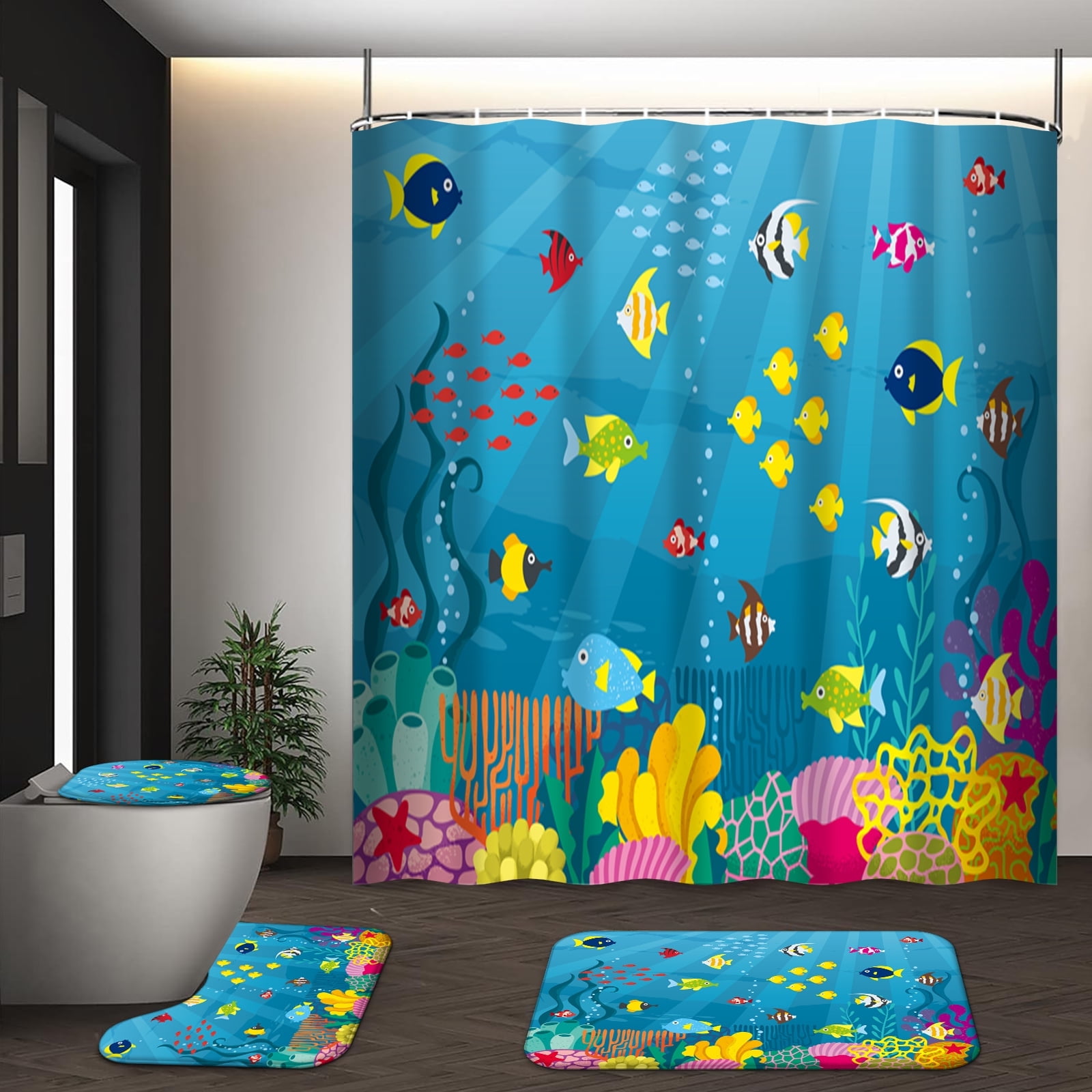 GALMAXS7 4Pcs Underwater Shower Curtain Sets with Rugs and Hooks Coral
