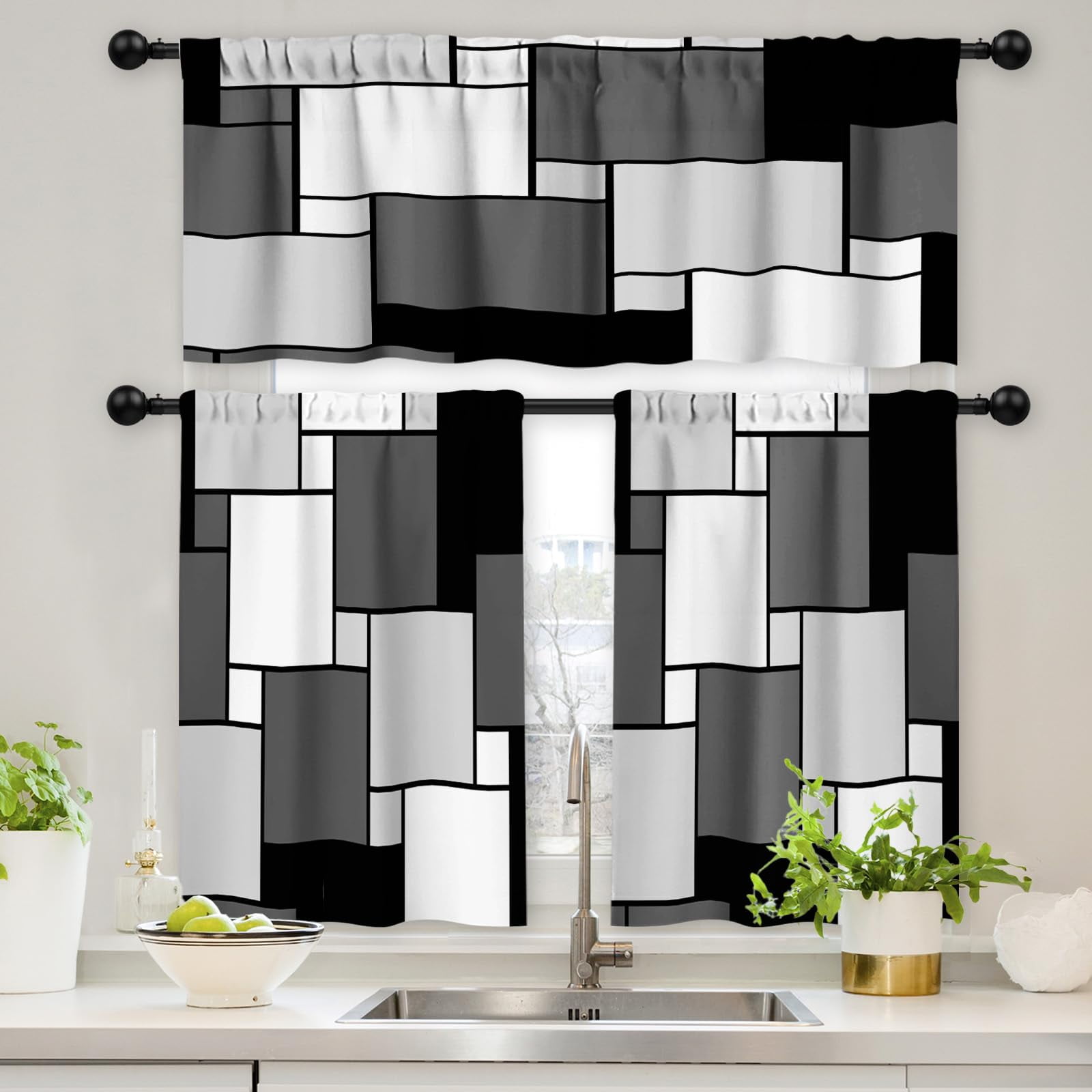 GALMAXS7 Black Grey Kitchen Curtains Set 3 Piece for Windows Curtains