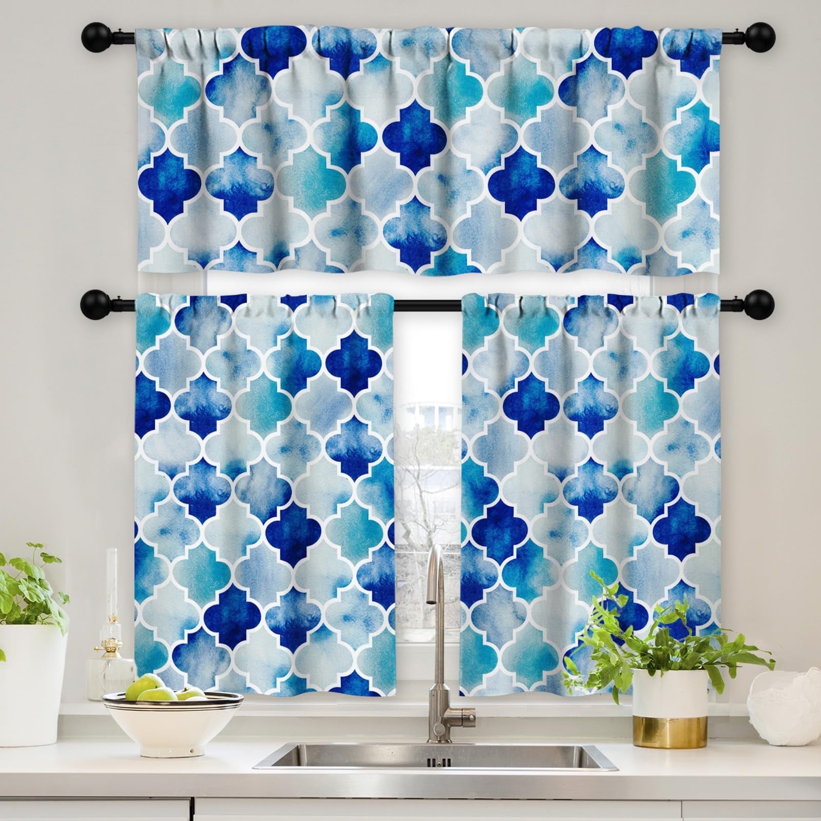 GALMAXS7 Blue Kitchen Curtains and Valances Set 3 Piece Kitchen ...