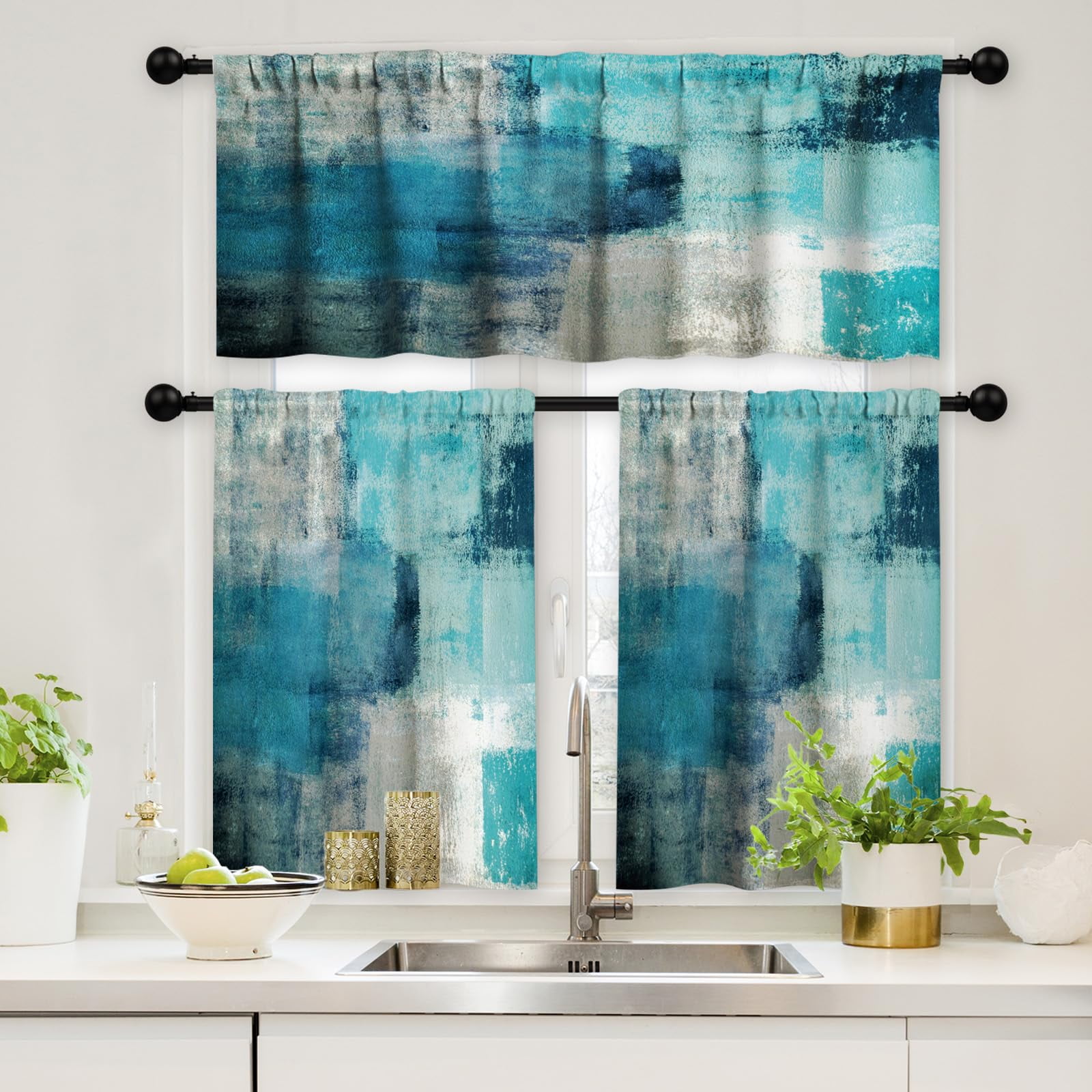 GALMAXS7 Kitchen Curtains Sets for Windows 3 Piece Teal Kitchen